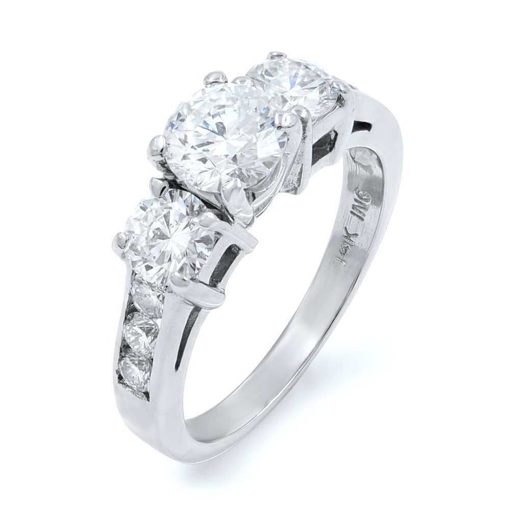 Rachel Koen Three Stone Round Diamond Ladies Ring 14k White Gold 1.48Cttw Size 7